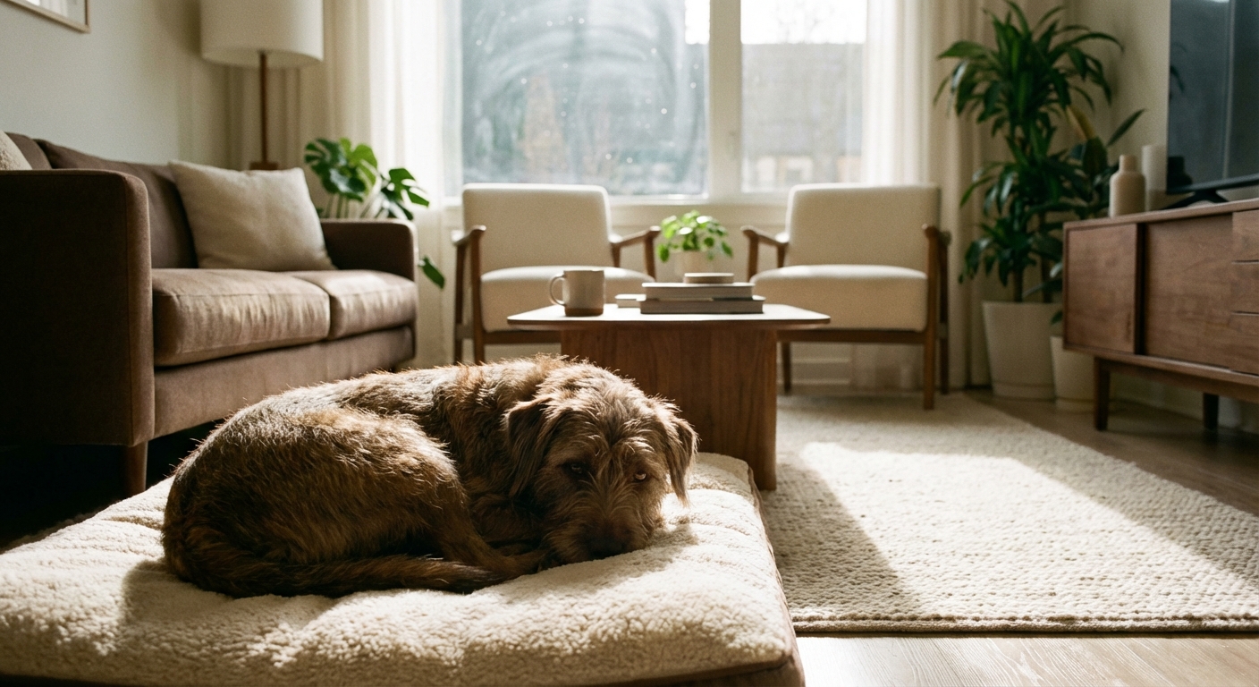 Calm dog resting peacefully after anxiety training